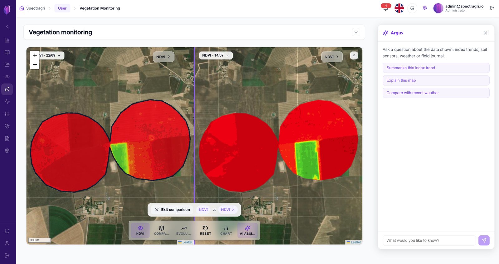 Comparaison glissante entre deux dates d'imagerie NDVI sur la même parcelle