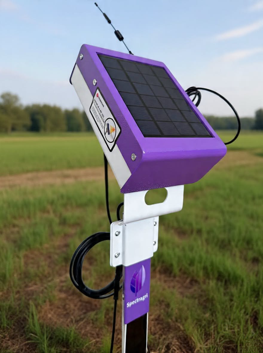 Capteur SG-30 installé sur une parcelle, vue rapprochée du boîtier solaire violet et de l'antenne 4G