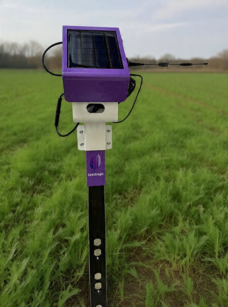 Capteur SG-30 installé en plein champ, vue de face sur sa tige de fixation