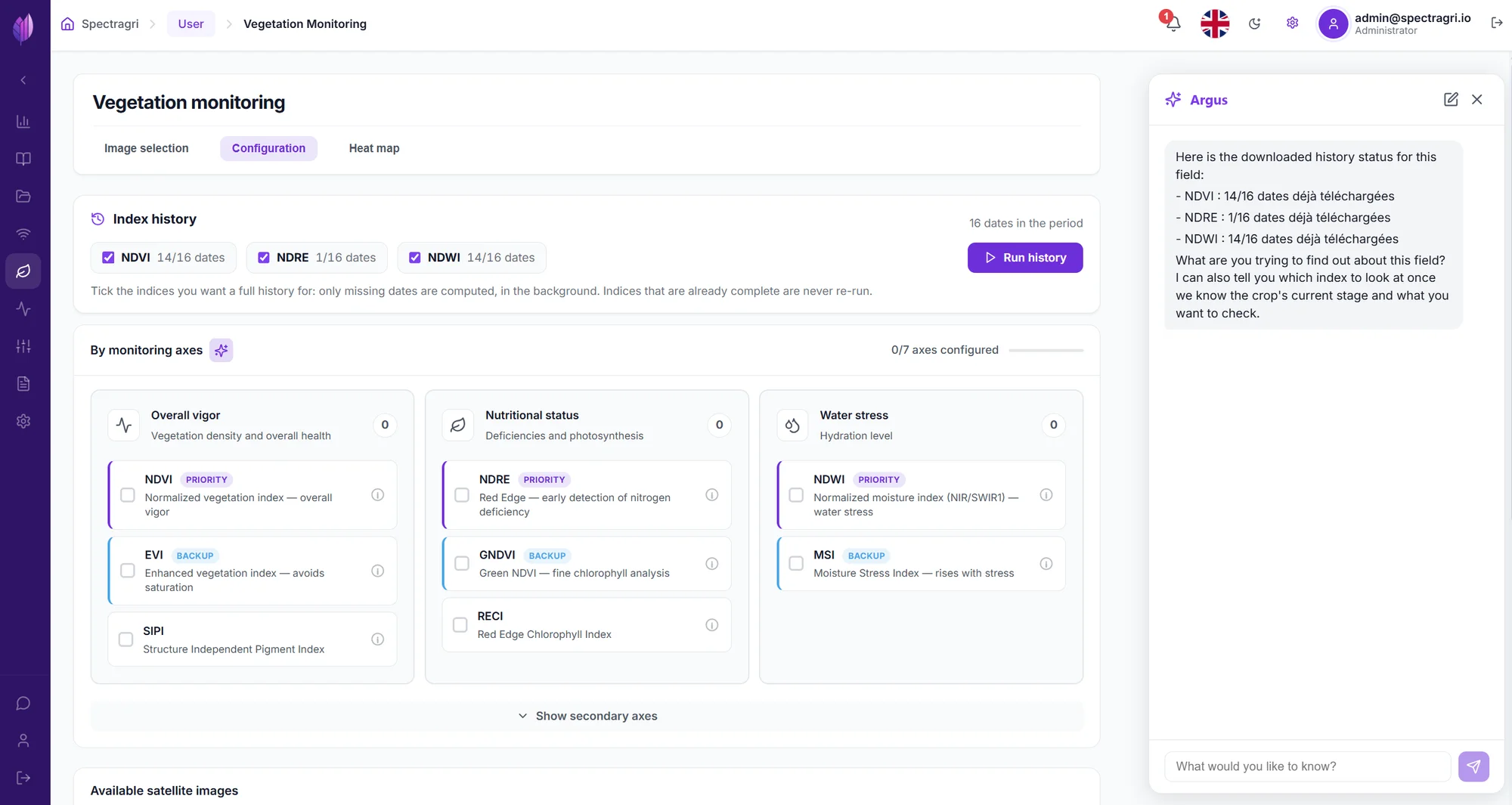 Configuration du suivi de végétation avec Argus signalant l'historique d'indices déjà disponible et posant une question de clarification