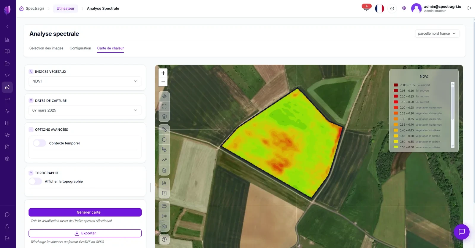 La même parcelle avec l'indice NDVI appliqué